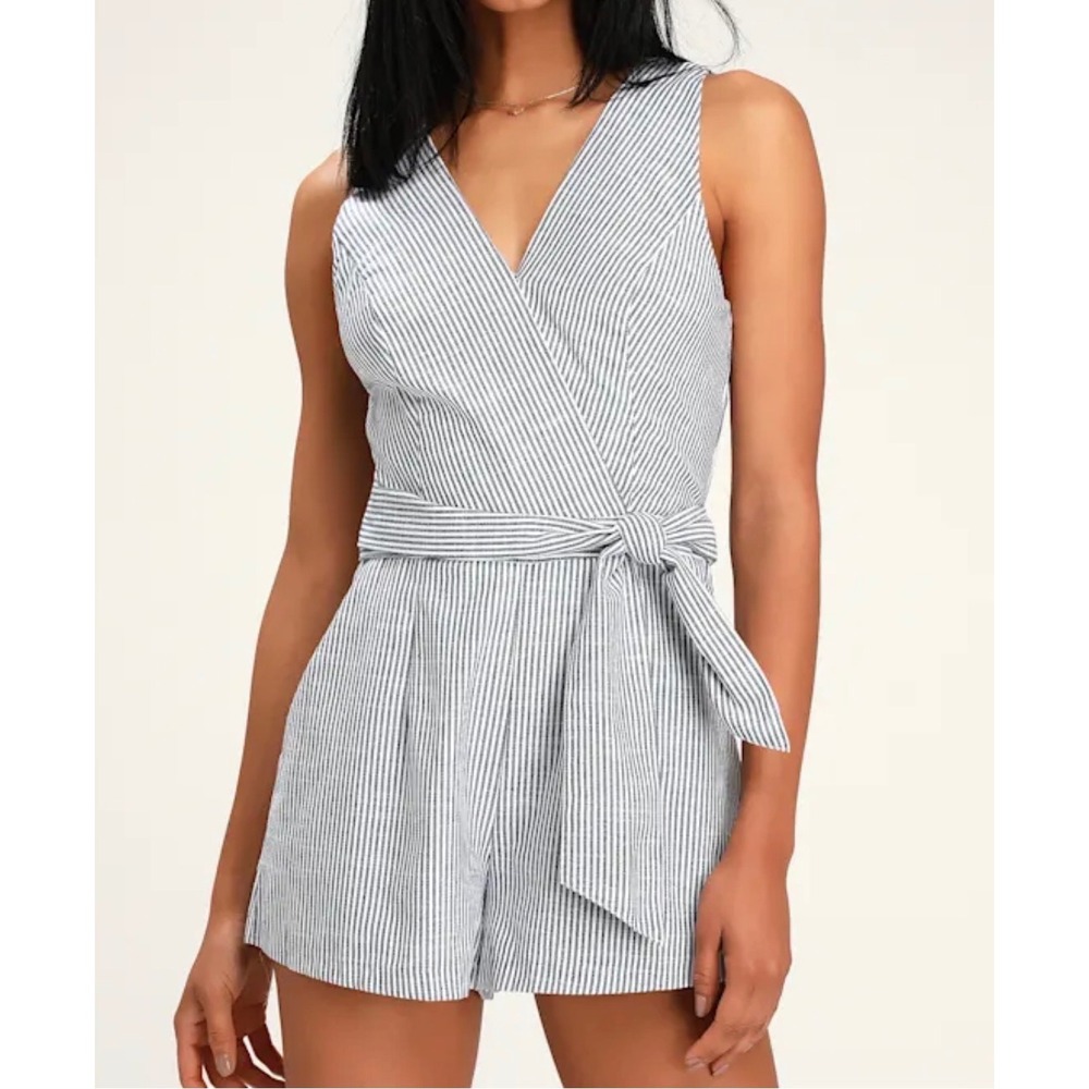 Lulus Sea Ya Later Navy Blue White Striped Sleeveless Romper Size S NWT